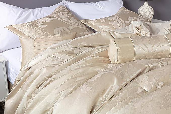 Chezmoi Collection Royale 7-Piece Jacquard Floral Comforter Set, California King, Champagne