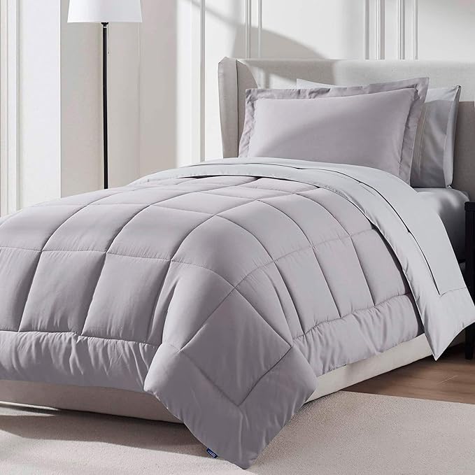 Nestl 5 Piece Twin Comforter Set – Grey Lavender Reversible Bed in a Bag – Complete Twin Size Bedding Set with Sheets, Pillowcase and Sham