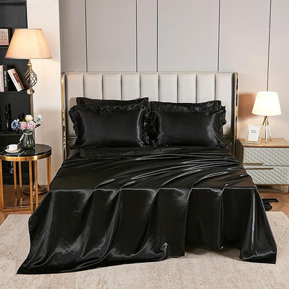 Satin Comforter Set with Sheet Set Queen 8 Pieces Silk Like Black Bedding Silky Ruffle Pattern Luxury Silky Comforter Set with 1 Cushion Cover