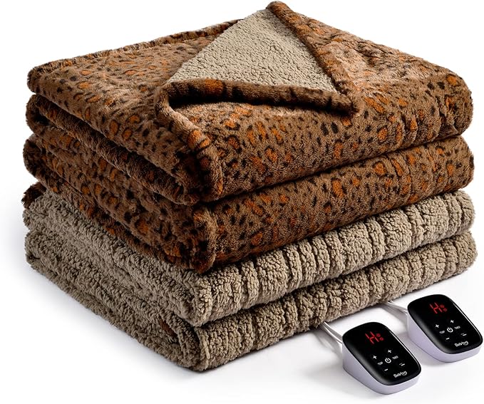 Bearhug Electric Blanket Queen Size, 84" x 90" Heated Blanket Dual Controllers, Faux Fur & Sherpa, 10 Heating Levels & 1-12H Auto Off, Over-Heat Protect, ETL, Machine Washable