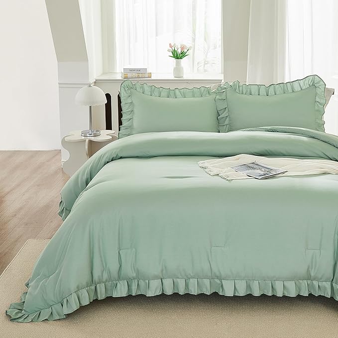 Andency Sage Green California King Comforter Set, 3 Pieces Farmhouse Shabby Chic Cal King Size Ruffle Bed Set, Oversized Soft Lightweight Microfiber Bedding Set