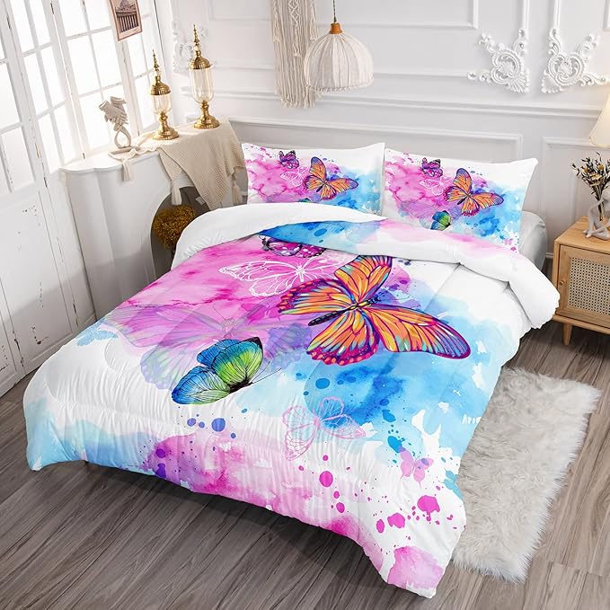 HOSIMA Butterfly Comforter Set,Pink Butterfly Comforter Full Size for Girls Kids Women Bedroom Decor,Color Ink and Colorful Butterfly Pattern Bedding Set Full Size,Butterfly Bed Set for Girls.