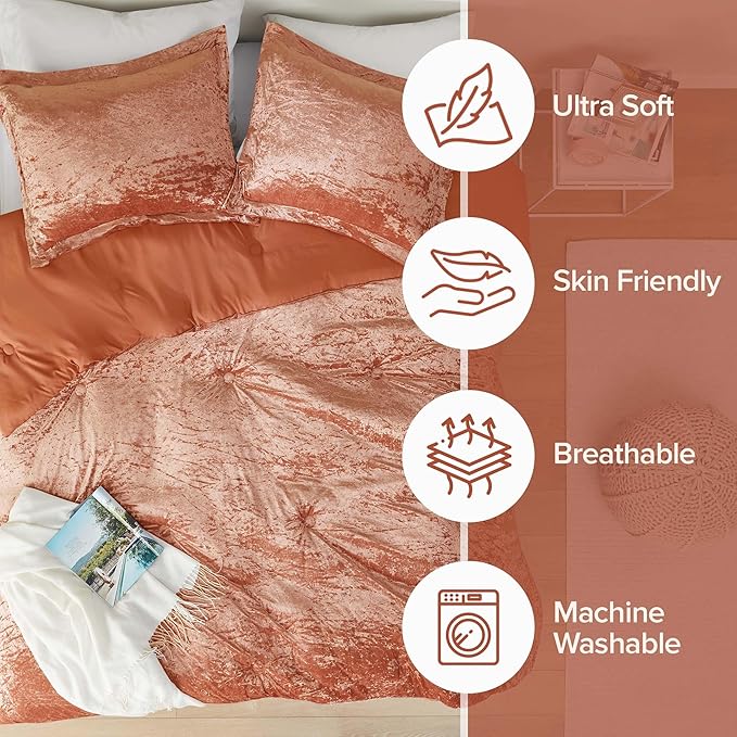 Comfort Spaces Luxe Queen Comforter Set Velvet Comforters for Queen Size Bed, Microfiber Reverse, Juliette, All Season Velvet Bedding Queen Size, Fluffy Bed Set, Sham, Full/Queen, Burnt Orange 3 Piece