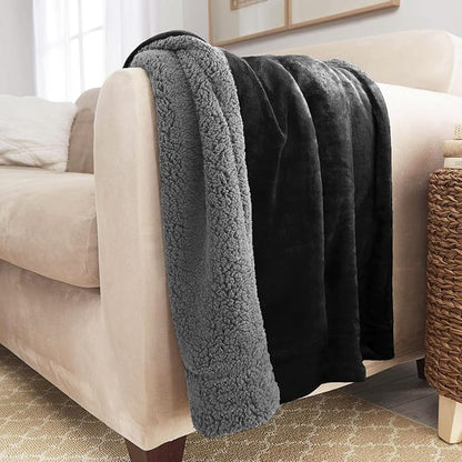 Genteele Sherpa Throw Blanket Super Soft Reversible Ultra Luxurious Plush Blanket, 102 x 90 inches, Black/Gray