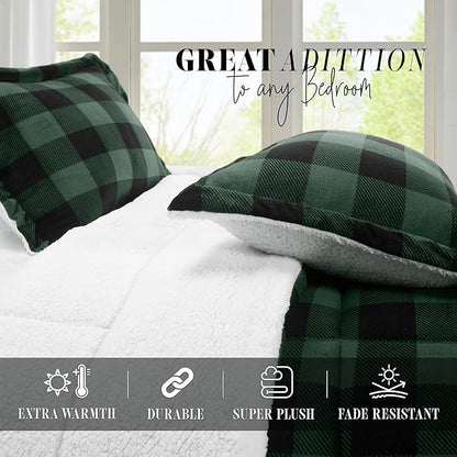 Elegant Comfort 3-Piece Buffalo Lodge-Plaid Comforter Set, Luxurious, Heavyweight, All Season, Down Alternative-Micromink Sherpa-Backing Reversible Micro-Suede, Soft and Plush, Twin, Green