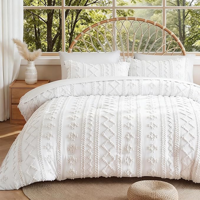 MR&HM California King Comforter Set White, 7 Pieces Tufted Boho Beddding Sets, Farmhouse Style Bed in a Bag with 1 Comforter, 2 Pillow Shams, 2 Pillowcases, 1 Flat Sheet, 1 Fitted Sheet