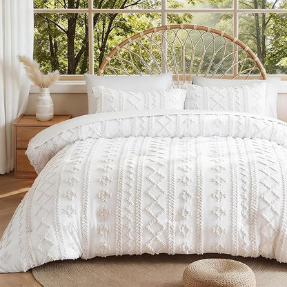 MR&HM California King Comforter Set White, 7 Pieces Tufted Boho Beddding Sets, Farmhouse Style Bed in a Bag with 1 Comforter, 2 Pillow Shams, 2 Pillowcases, 1 Flat Sheet, 1 Fitted Sheet