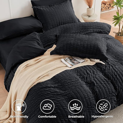 HYMOKEGE Black Queen Comforter Set Seersucker 7 Pieces, All Season Luxury Bed in a Bag for Bedroom, Bedding Set with Comforters, Sheets, Pillowcases & Shams