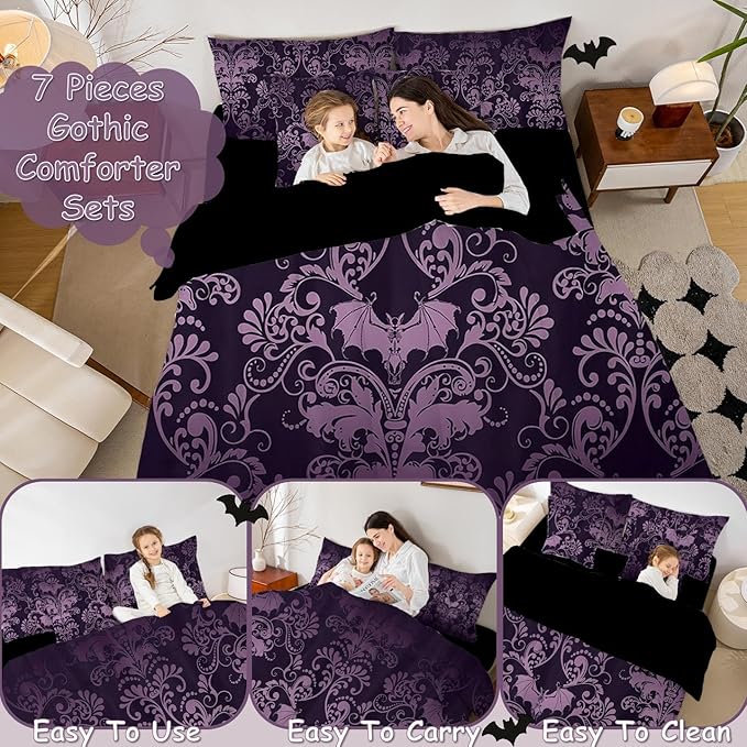 Erosebridal Gothic Damask 7 Piece Comforter Set Full Bed in a Bag,Halloween Bat Bedding Sets Purple Victorian Floral Goth Sheet Set with Comforter