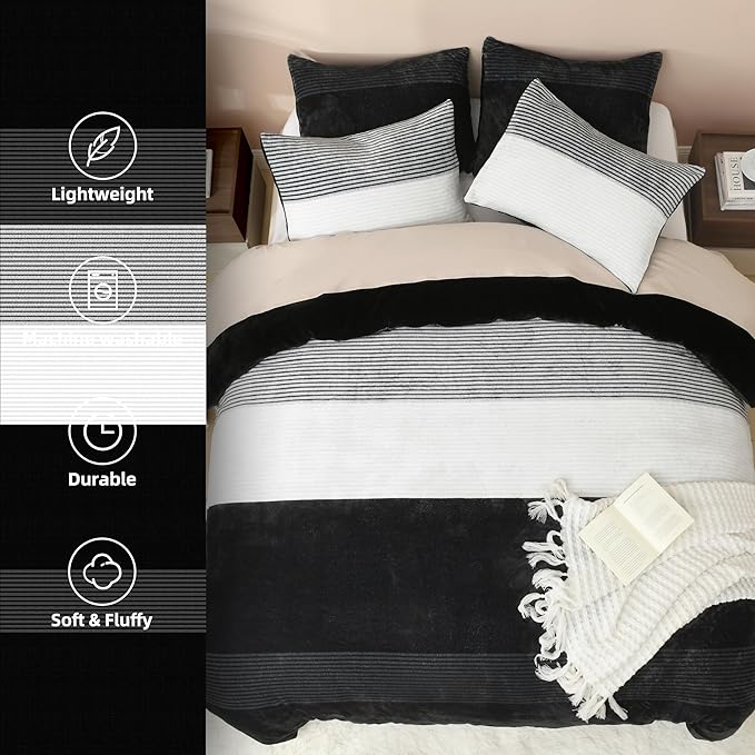 Litanika Fluffy Fleece King Size Comforter Set, Luxury Soft Plush Fuzzy Black & White Stripe Bedding Comforter Sets, Warm Shaggy Faux Fur Bed Set All Season (1 Comforter, 2 Pillowcases)