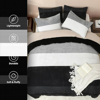 Litanika Fluffy Fleece King Size Comforter Set, Luxury Soft Plush Fuzzy Black & White Stripe Bedding Comforter Sets, Warm Shaggy Faux Fur Bed Set All Season (1 Comforter, 2 Pillowcases)