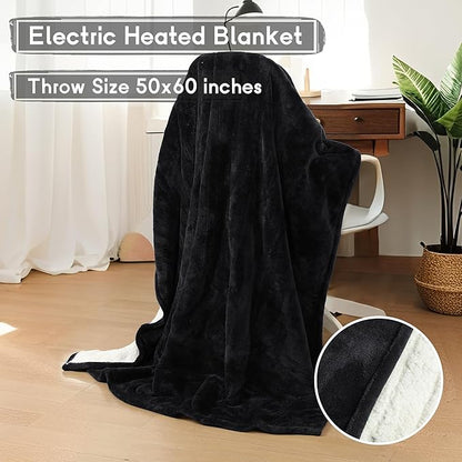 Heated Blanket Electric Throw Size 50''x60'' with 5 Heating Levels, 3 Hour Auto Shut Off, Machine Washable, Flannel & Sherpa Double-Sided Soft Warming Blanket for Couch, Bed, Office - Black