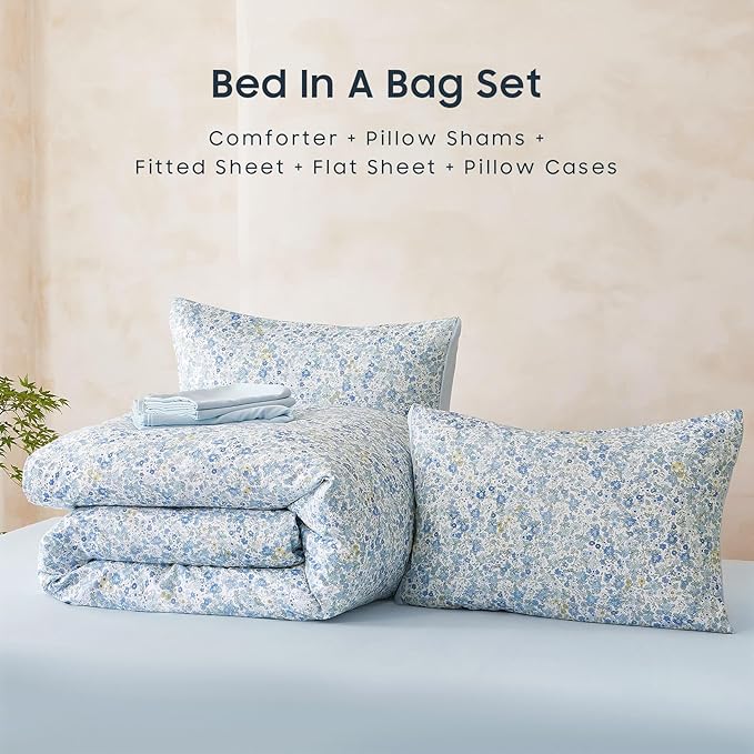 Wake In Cloud - Floral Comforter Set with Sheets, Cute Vintage Flower Cottagecore Aesthetic for Women Teen Girls, 7 Pieces Bed in a Bag, Light Blue, Full Size