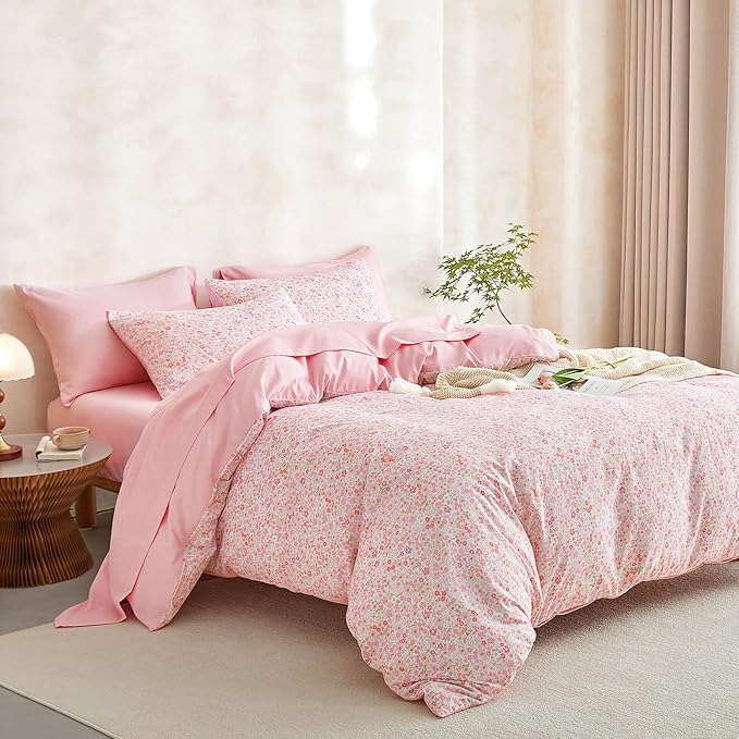 Wake In Cloud - Floral Comforter Set with Sheets, Cute Vintage Flower Cottagecore Aesthetic for Women Teen Girls, 5 Pieces Bed in a Bag, Pink, Twin Size