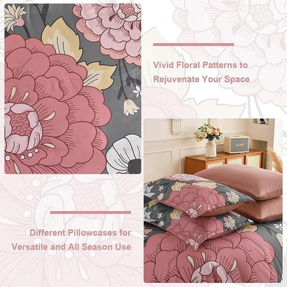 DJY Floral Comforter Set King Size - Grey Pink Bed in a Bag 7 Pieces Blush Botanical Boho Comforter with Sheet Set, Soft Microfiber Complete Bedding Set All Season (Pink/Grey, 104''x90'')
