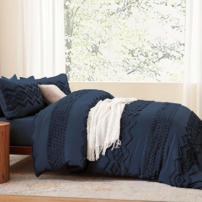 Luxudecor Navy Blue Boho Tufted Comforter Set Full Size 3 Pieces Boho Shabby Chic Comforter Farmhouse Embroidery Bedding Set Soft Comforter for All Seasons (Navy Blue, 80''x90'')