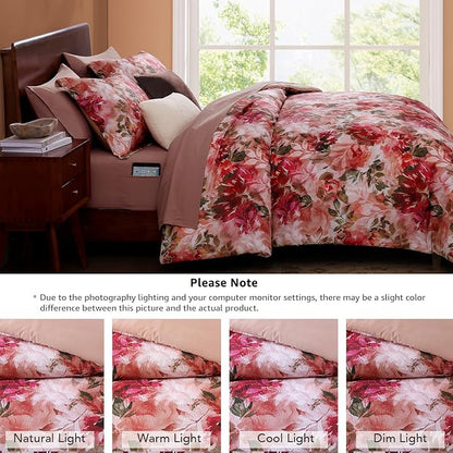 CASAAGUSTO Queen Comforter Set, 7 PCS Red Rose Floral Comforter Set with Flowers Leaves Pattern, Soft Seersucker Design All Season Queen Size Bedding Set(90"X90")