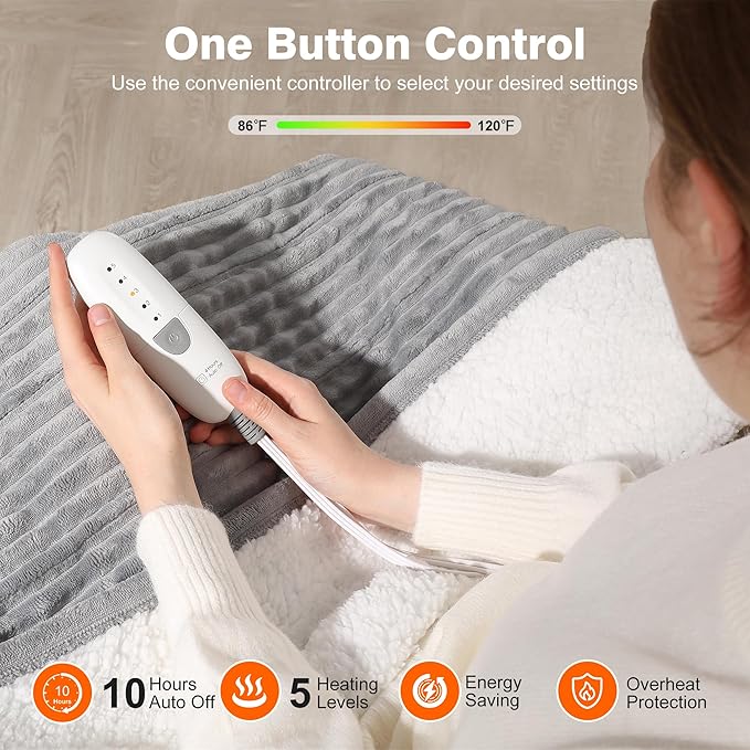 Electric Blanket Full Heated Blanket Full Size - Striped Flannel & Thick Sherpa, 5 Heat Settings & 10 Hour Auto Off with FCC/ETL Certified, Overheat Protection & Machine Washable, Light Grey 72"x84"