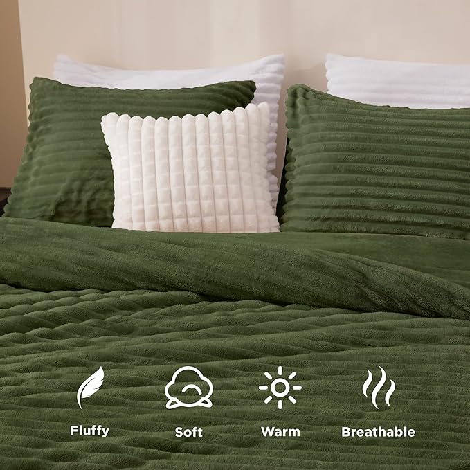 Andency Fleece Queen Comforter Set, 3 Pieces Olive Green Comforter Set for Queen Size Bed, Super Soft Warm Fluffy Fuzzy Bedding Set for Winter (1 Comforter & 2 Pillowcases)