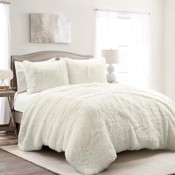 Lush Decor Emma Faux Fur Comforter King Size 3 Piece Set Ivory - Cream Bedding Set King Comforters - Fluffy Comforter - Modern Decor