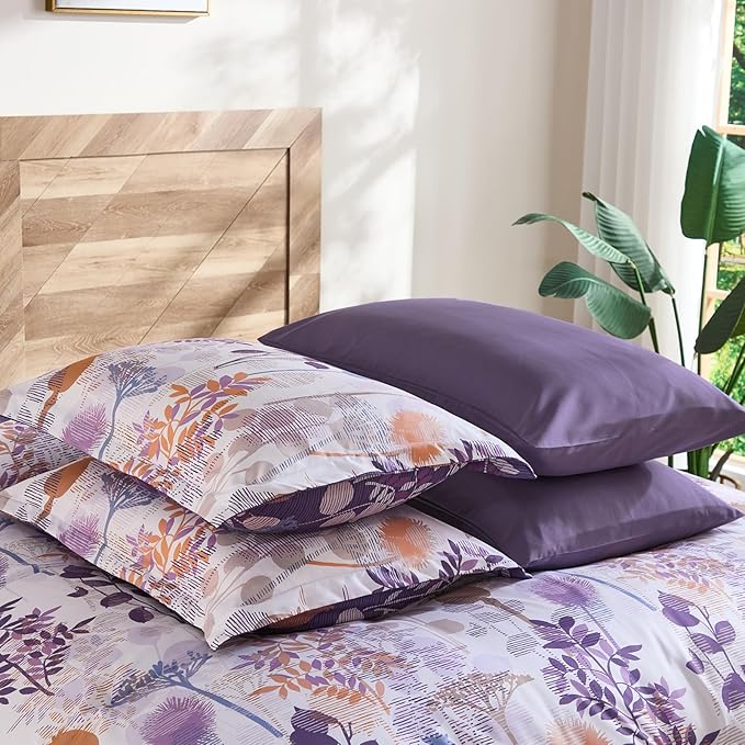 Anibedding 7Pieces King Size Comforter Set, Purple Botanical Bed in a Bag Complete Set with Sheet Pillowcase for Bedroom All Season