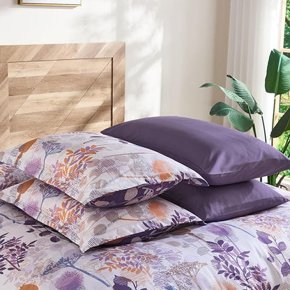 Anibedding 7Pieces King Size Comforter Set, Purple Botanical Bed in a Bag Complete Set with Sheet Pillowcase for Bedroom All Season