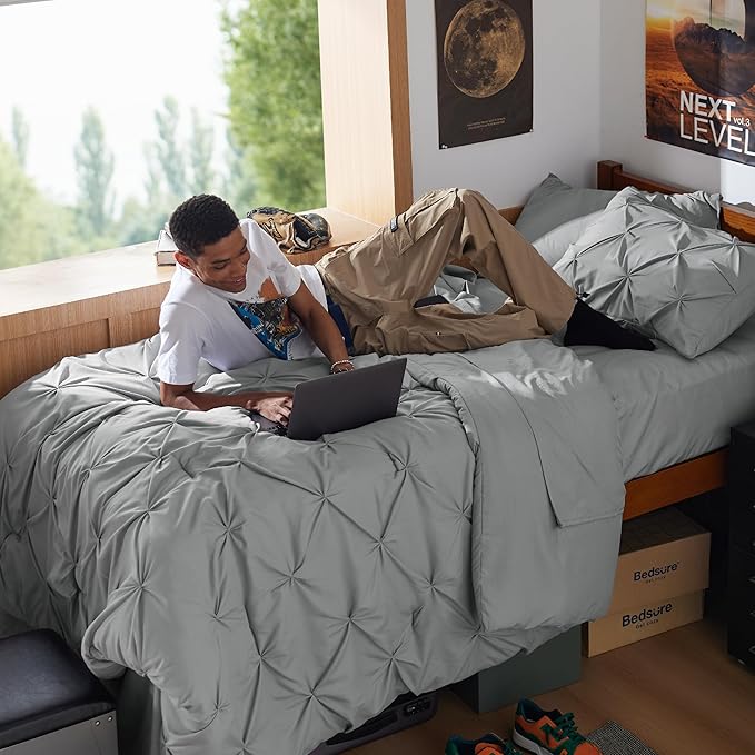 Bedsure Twin XL Comforter Set - Extra Long 5 Pieces Dorm Bedding Sets, GentleSoft™ Pinch Pleat Grey Bed in a Bag with Pintuck Comforter, Sheets, Pillowcase & Sham