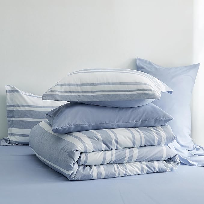 Bedsure Twin XL Comforter Set 5 Pieces, Blue Striped Bedding Set for All Seasons, Reversible, Cationic Dyeing Bed in a Bag with Comforter, Sheets, Pillowcase & Sham