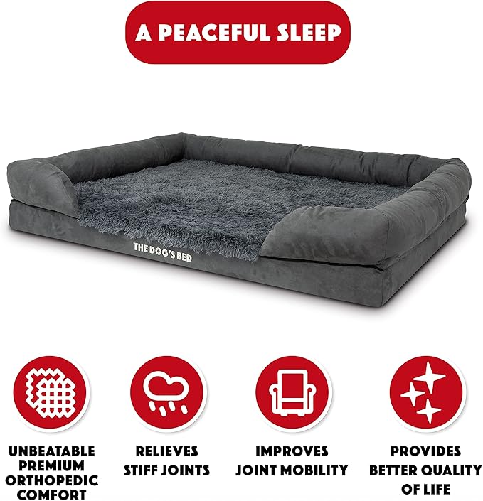 The Dog’s Bed Orthopedic Memory Foam Dog Bed with Bolsters, Fur Fabric, Grey Fur, XXL