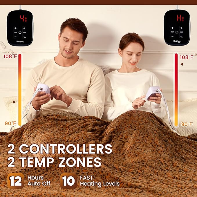Bearhug Electric Blanket Queen Size, 84" x 90" Heated Blanket Dual Controllers, Faux Fur & Sherpa, 10 Heating Levels & 1-12H Auto Off, Over-Heat Protect, ETL, Machine Washable