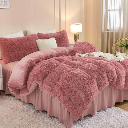 Andency Fluffy Old Pink Comforter Set Queen Size, 3 Pieces Winter Faux Fur Warm Soft Fuzzy Plush Bedding Comforter Set (1 Velvet Comforter & 2 Pillowcases), Thick Heavy Comfy Comforters Bedding Set