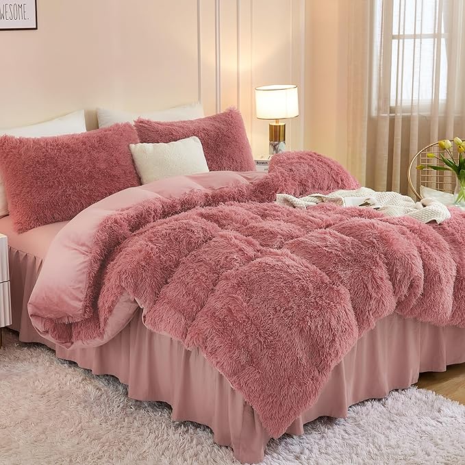 Andency Fluffy Old Pink Comforter Set King Size, 3 Pieces Winter Faux Fur Warm Soft Fuzzy Plush Bedding Comforter Set (1 Velvet Comforter & 2 Pillowcases), Thick Heavy Puffy Comforters Bedding Set