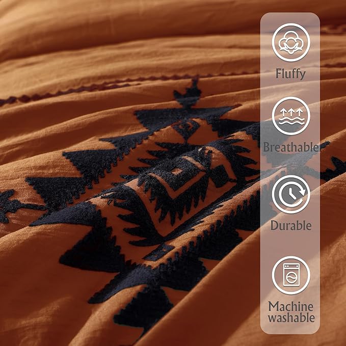 MaiRêve Embroidery Comforter Set, Boho Farmhouse Western Bedding Set, All Season Bed in A Bag Comforter Set with Sheets, Pillowcases & Shams, Burnt Orange Queen 7 Pieces