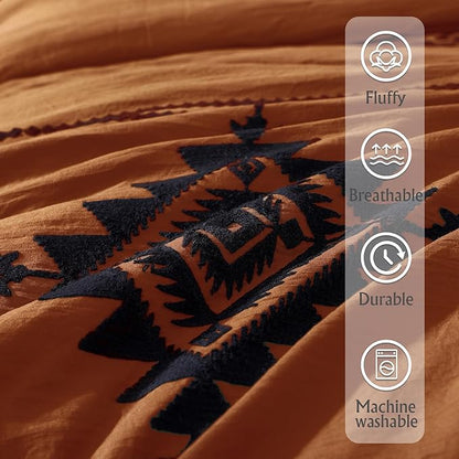 MaiRêve Embroidery Comforter Set, Boho Farmhouse Western Bedding Set, All Season Bed in A Bag Comforter Set with Sheets, Pillowcases & Shams, Burnt Orange Queen 7 Pieces