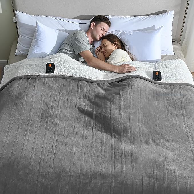 Heated Electric Blankets - Soft Flannel Heating Throw Electric Blanket with 6 Heat Settings Queen Size 84" × 90" Gray - Velvet & Sherpa