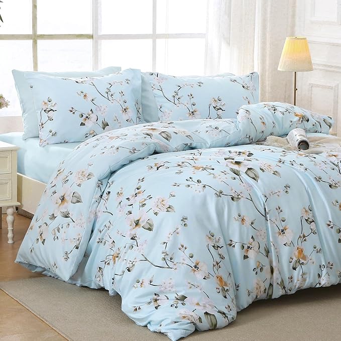 MUXHOMO Ceiba Blue Full Comforter Set, Elegant Floral Print Bed in a Bag 7 Pieces, Ultra Soft & Breathable Reversible Botanical Pattern Bedding Set with Comforter, Sheets, Pillowcases, and Shams