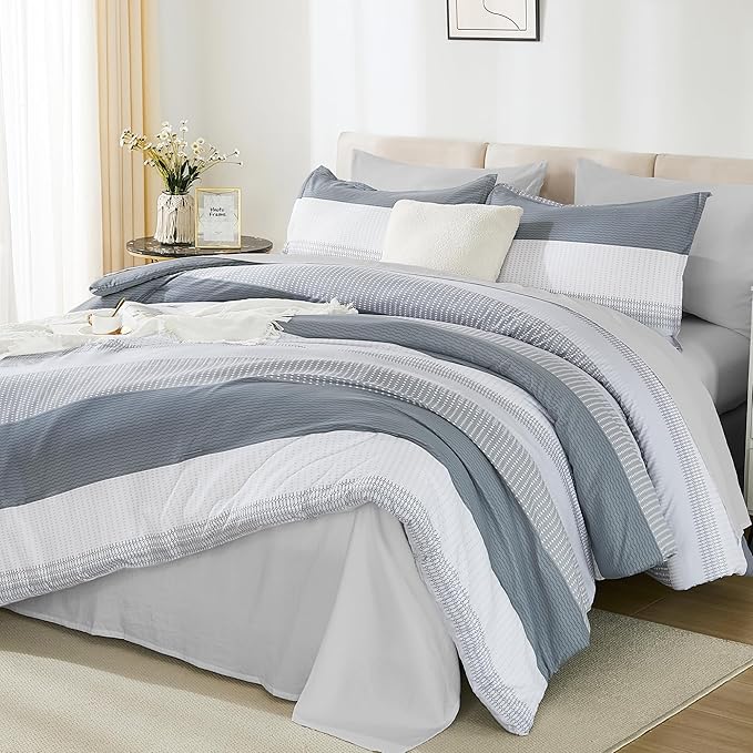 Andency Queen Size Comforter Set 7 Pieces - Light Grey Striped Lightweight Bed in a Bag, Soft Microfiber Farmhouse All Season Bedding Set with Comforter, Fitted & Flat Sheet, Pillowcases & Shams