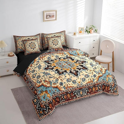 Oriental Floral Comforter Set Vintage Flower Bedding Comforter Sets for Kids, Art Deco Medallion Bed in a Bag Retro Aesthetic Bedding King Size 7pcs, Boho Paisley Bedding Accessories Breathable