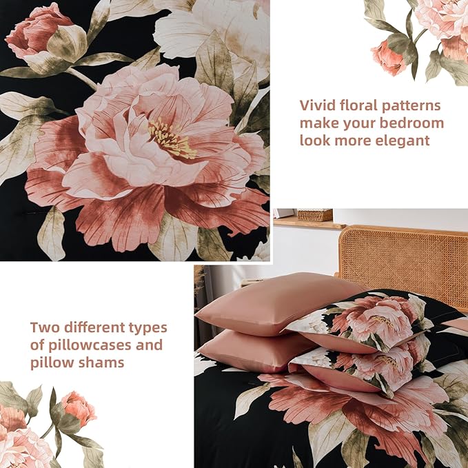 Dobuyly California King Comforter Set 7 Piece Bed in a Bag, Pink Floral Printed on Black Comforter Set with Sheets, Soft Microfiber Botanical Cal King Bedding Set for All Season