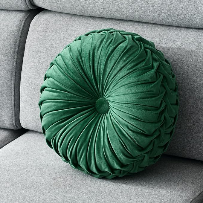 Round Throw Pillow Velvet 1 Pcs 14.17" Home Decoration Pleated 3D Pumpkin Pillow Cushion for Couch Chair Bed Car (Green)