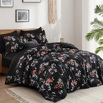 Black Queen Comforter Size Set, 7 Pieces Floral Bed in a Bag Bedding Sets, Lightweight Soft Comforter and Sheet Set, All Season Microfiber Flower Bedding Sets