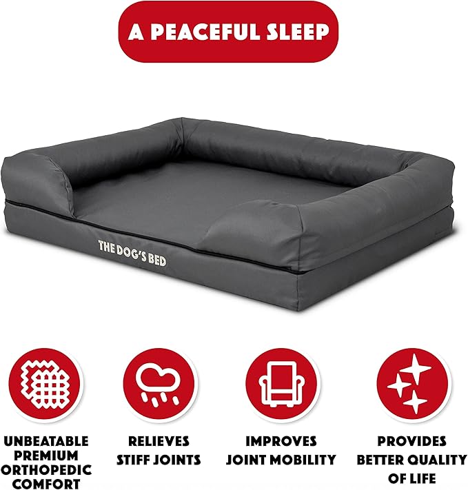 The Dog’s Bed Orthopedic Memory Foam Dog Bed with Bolsters, Oxford Fabric, Grey with Black Trim, M
