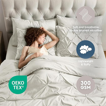 Nestl King Size Comforter Set - 7 Piece Pinch Pleated Bed in a Bag, Off White, All Season Bedding With Flat Sheet, Fitted Sheet, Pillowcases and Shams