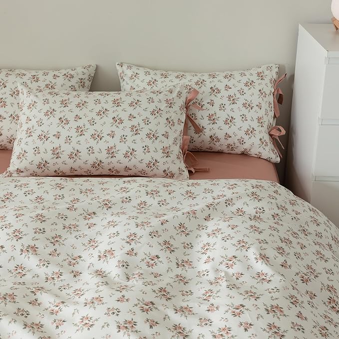 mixinni 3pcs Boho Floral Comforter Set Twin/Twin XL Size, Garden Style Pink White Flower Leaves Bedding Comforter Sets for Women, 1 Soft Aesthetic Comforter and 2 Bow tie Pillowcases for All Seasons