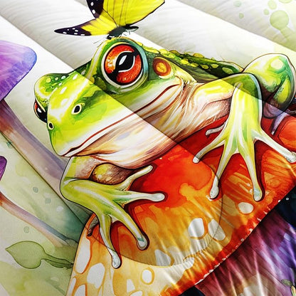 Frog Comforter Set Queen Size,Botanica Mushroom 3 Piece Bedding Set for Kids,Cartoon Comforter for Room Decor Cute Decor Beige Red Duvet Set Queen Size 3Pcs Quilt Set