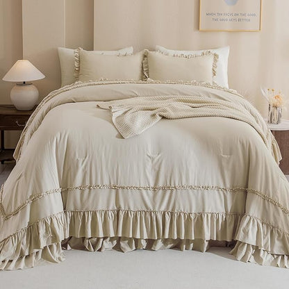 QSH Wheat Oversized California King Bed Comforter Set 128x120, Farmhouse Shabby Vintage Bedding Comforter with Ruffles French Country Comforter Soft Microfiber Fluffy Bedding 3 PCs