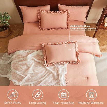 MR&HM Queen Comforter Set Coral Pink, Comforter Set 7 Pieces for Girls Women, Shabby Chic Vintage Cottagecore Bed Sets Elegance Boho Bed in a Bag, Ultra-Soft & Fluffy Comforter for All Season