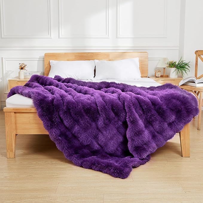 Latepis Faux Fur Twin Purple Blanket Plush 60x80 Inch Cute Fluffy Warm Bubble Blankets for Couch Bedroom Soft Blankets for All Seasons Cozy Blanket for Woman Gift, 860GSM