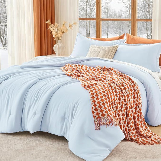 MUXHOMO King Size Comforter Set, All Season Ultra Soft Down Alternative Bedding - 3 Piece Lightweight Bed Set Includes 1 Comforter (104"x90") and 2 Pillow Shams (20"x36"), Light Blue