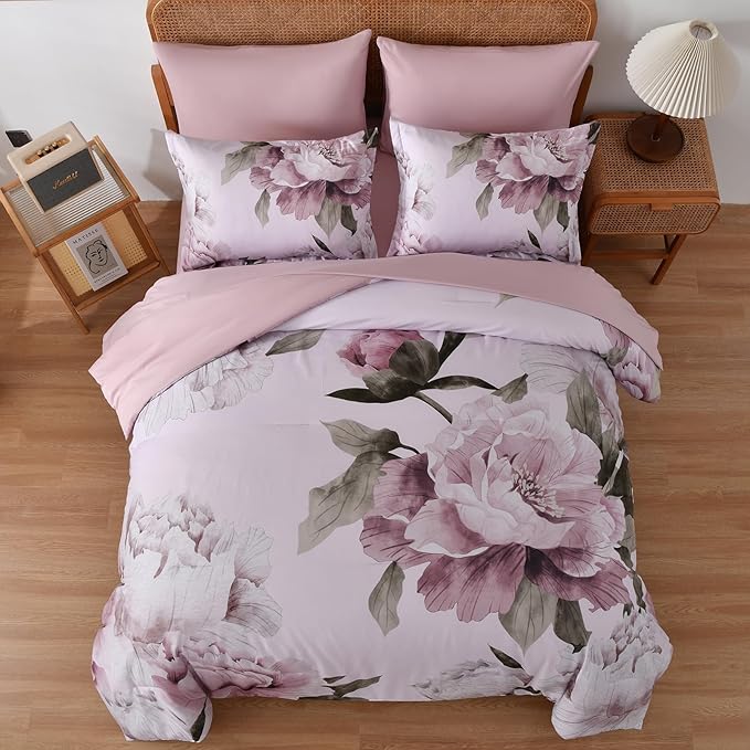 Dobuyly Pink Floral Comforter Set Queen 7 Piece Bed in a Bag, Blush Flowers Printed on Light Pink Comforter Set with Sheets, Soft Microfiber Botanical Bedding Set for All Season